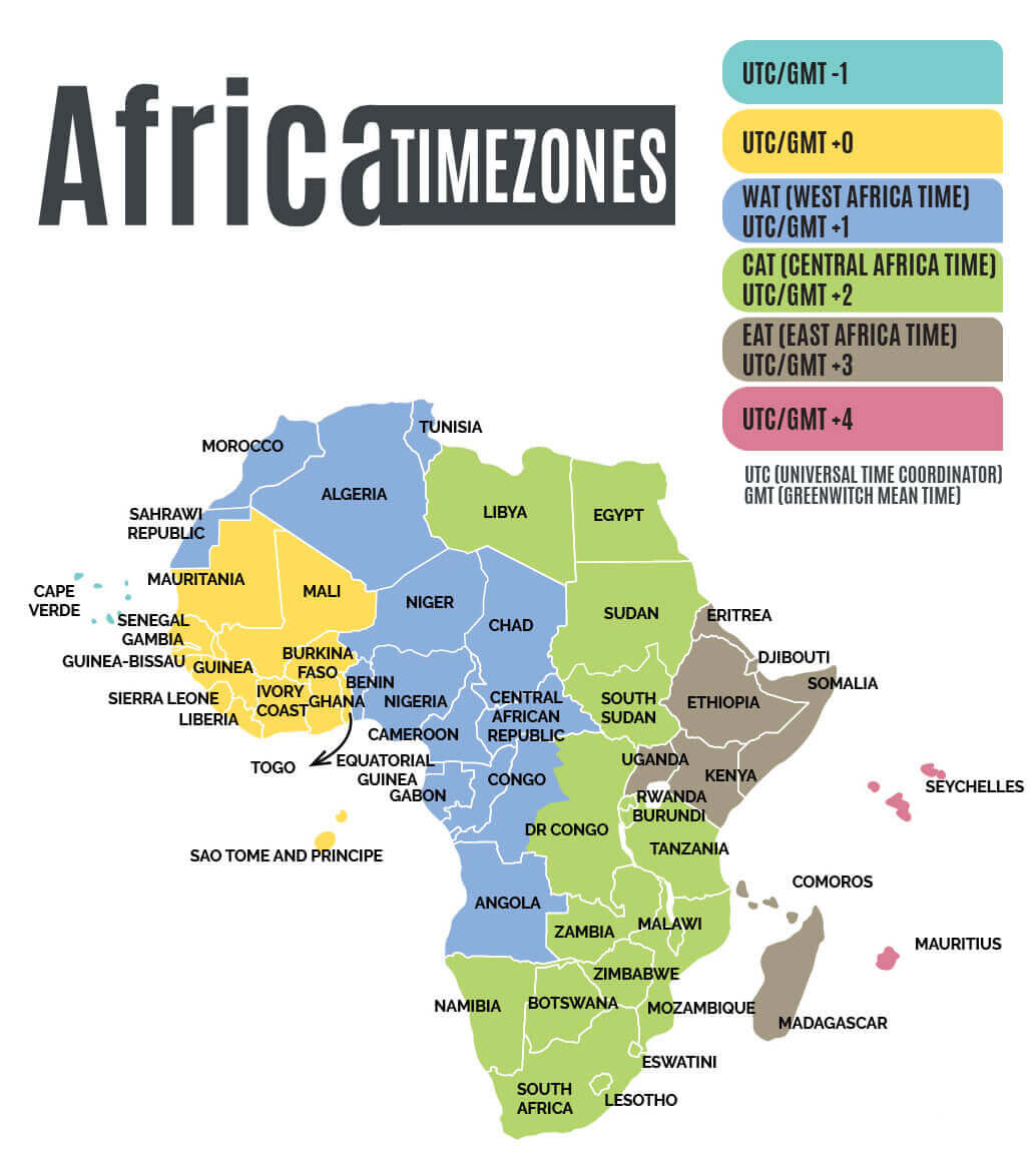 Africa time zone map with Ethiopia utc+3