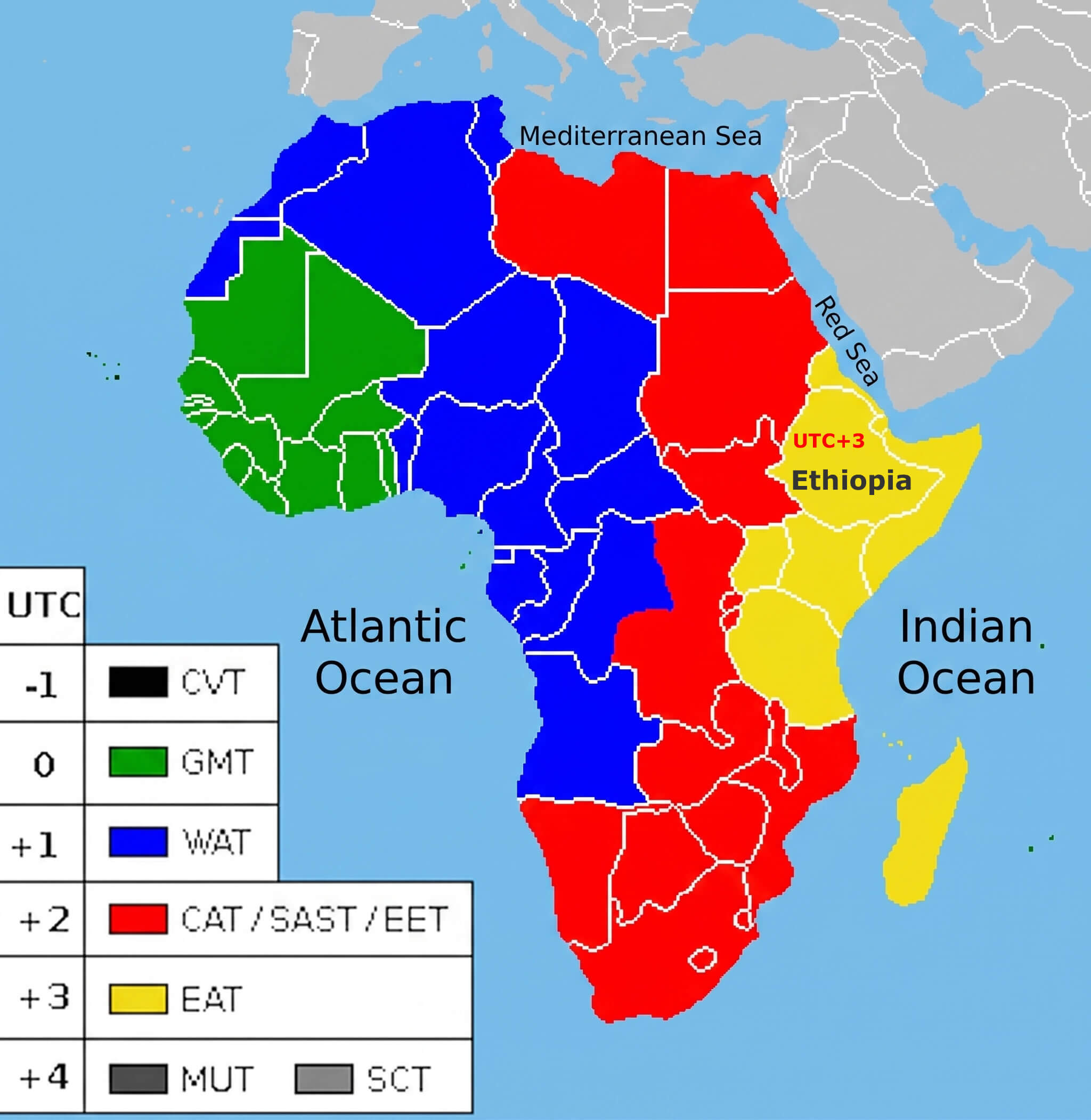 Africa time zones map with East Africa time