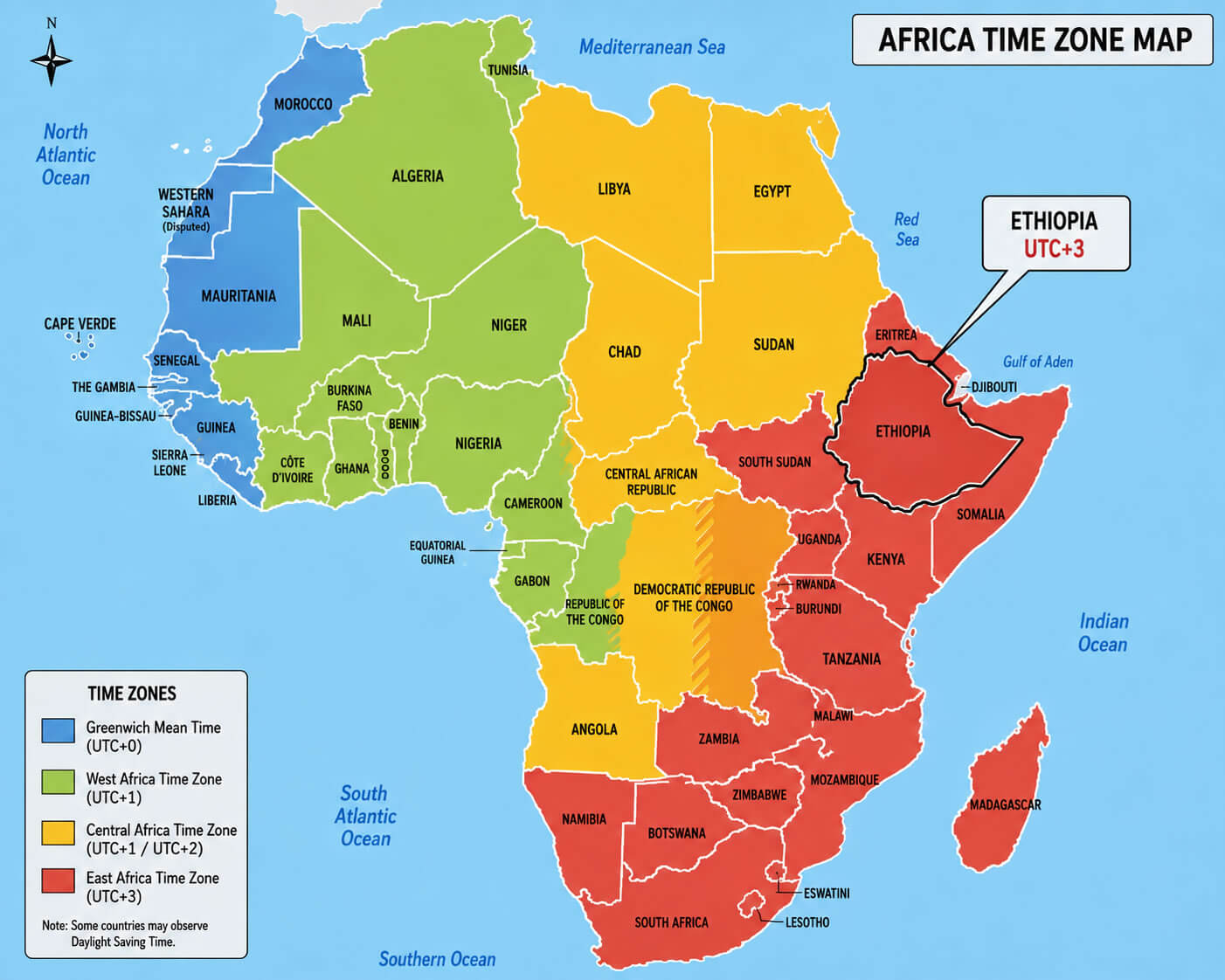 East Africa time zones map with Ethiopia