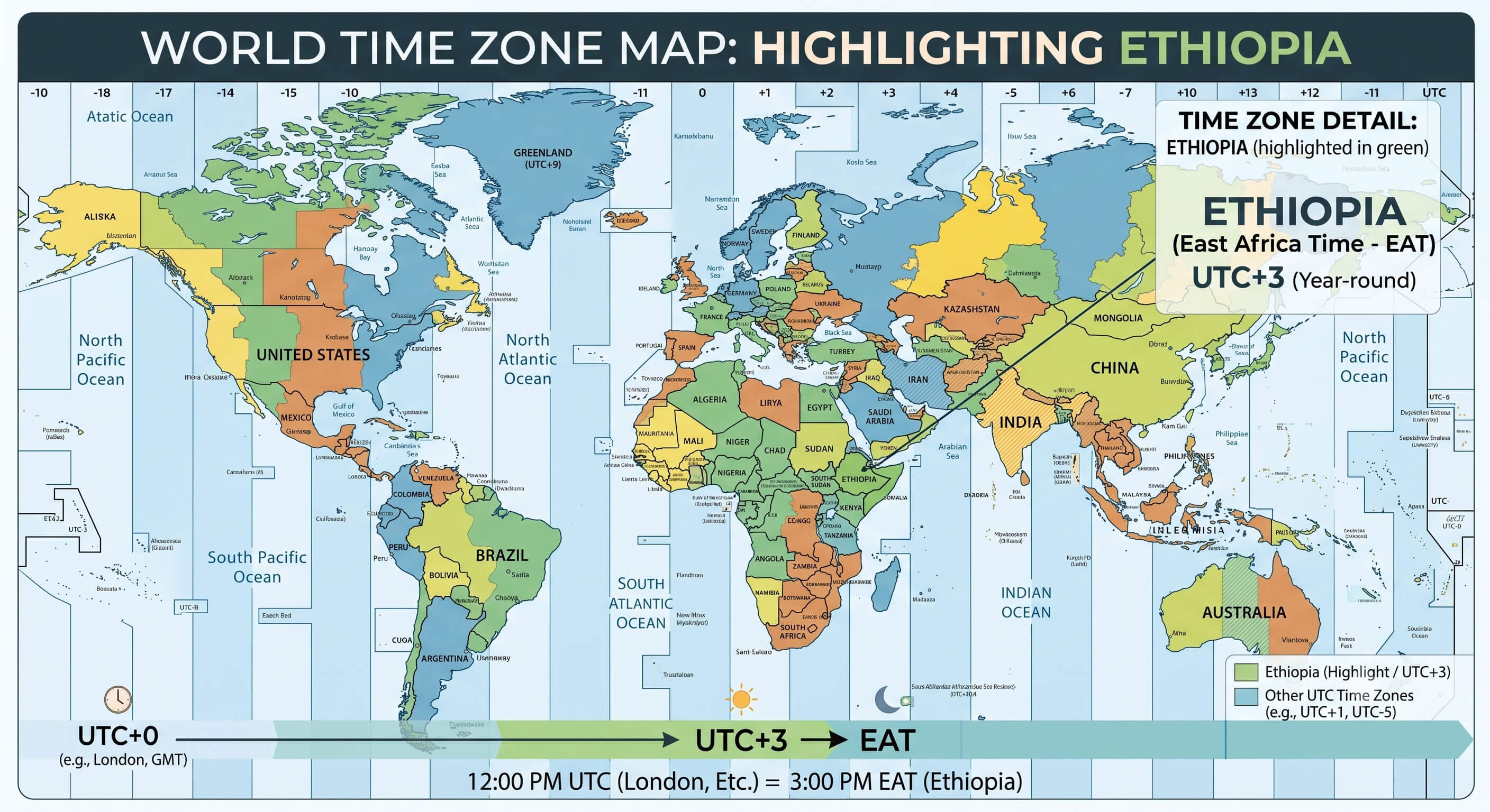 World time zone map highlighting Ethiopia