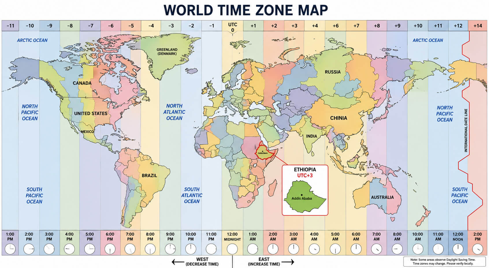 World time zones map with Ethiopia highlighted