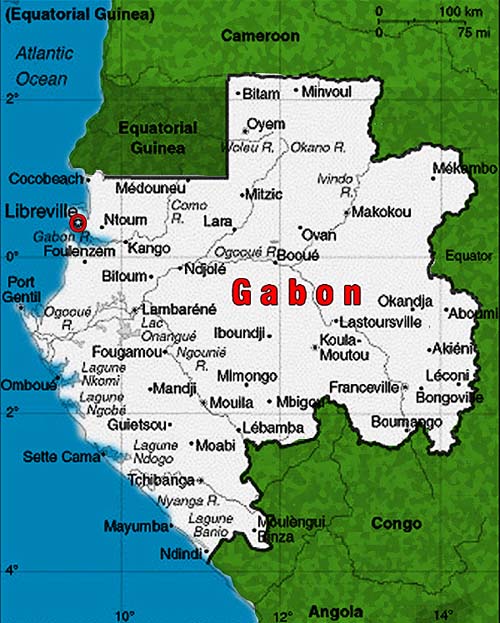 Gabon map showing major cities and regions with Libreville highlighted.