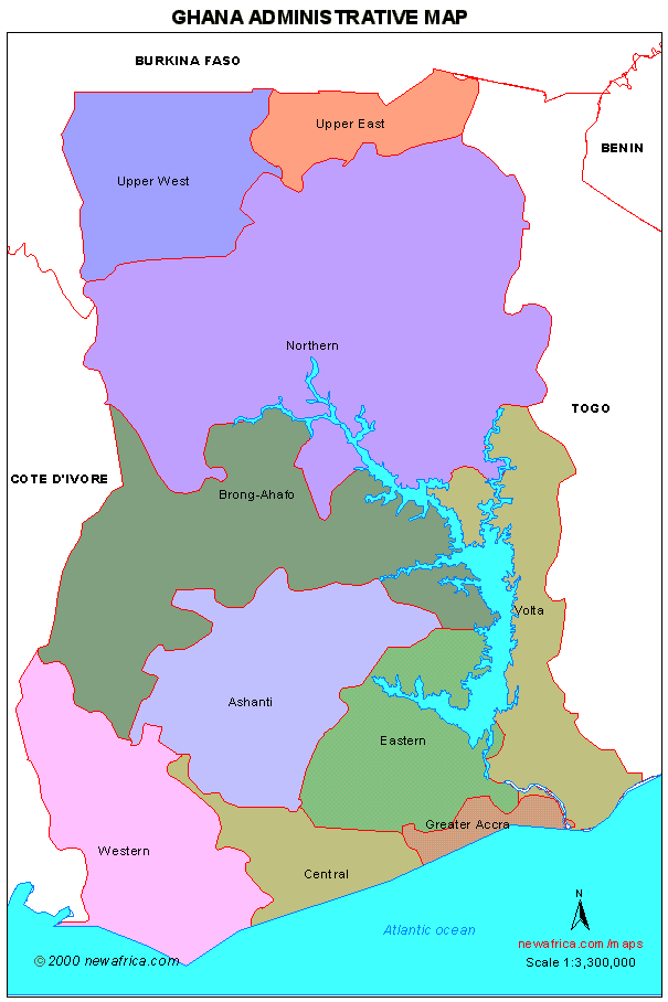 Ghana administrative map displaying regions with boundaries.