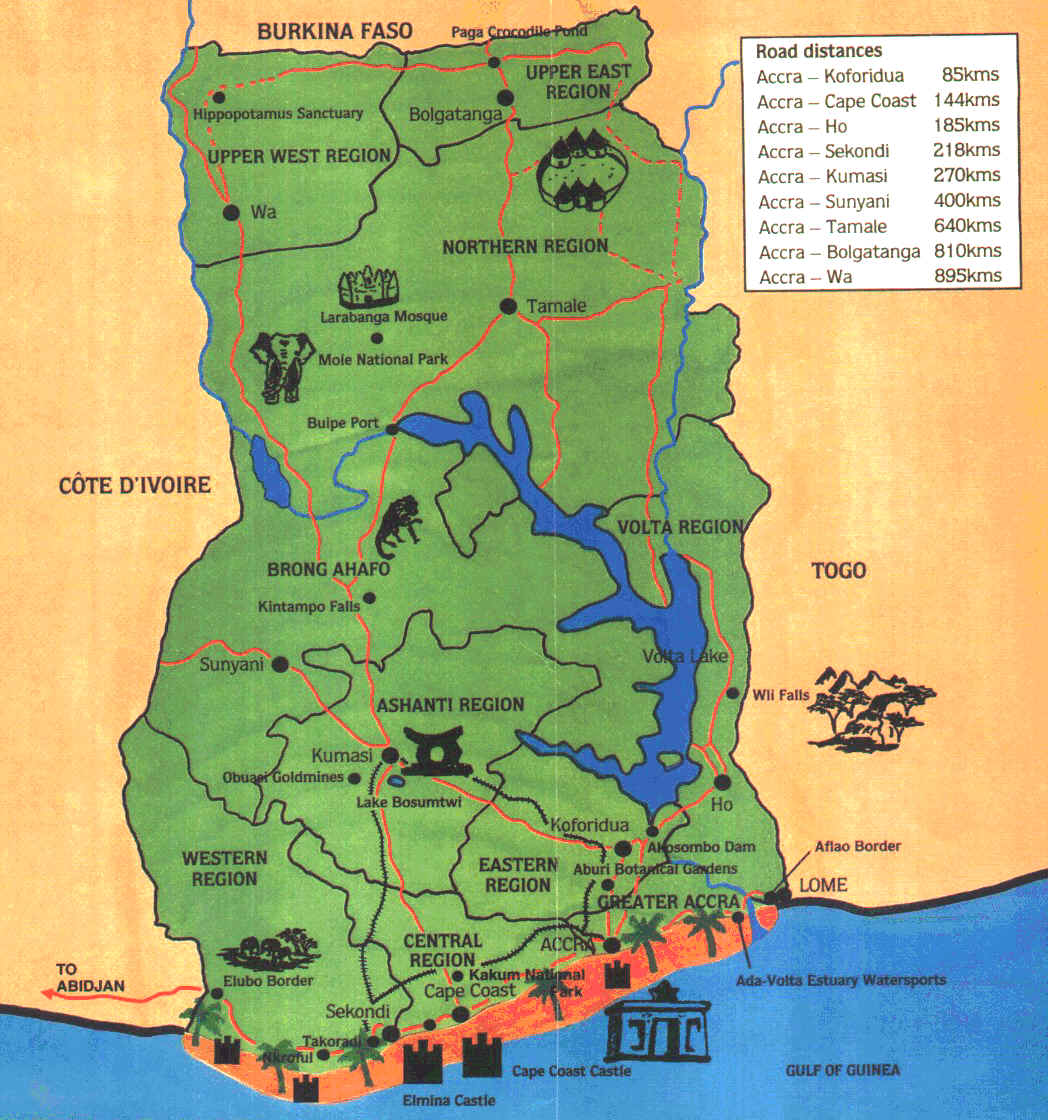 Ghana tourist map showing key regions, landmarks, and distances.