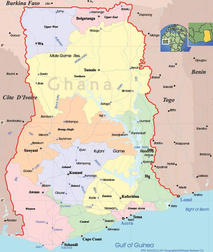 Ghana map showcasing administrative regions, cities, and landmarks.
