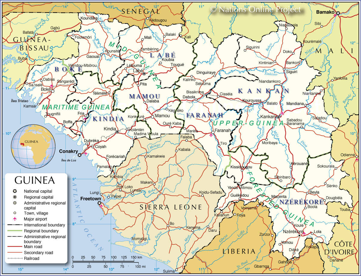 Map of Guinea showing regions, roads, rivers, and neighboring countries