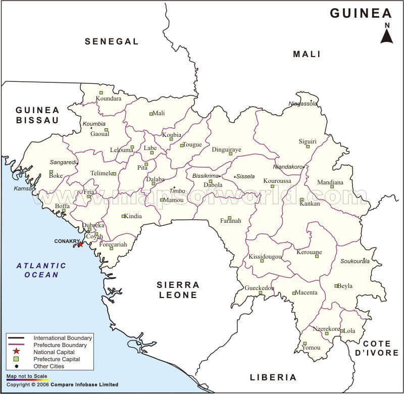 Administrative map of Guinea showing cities, regions, and borders.