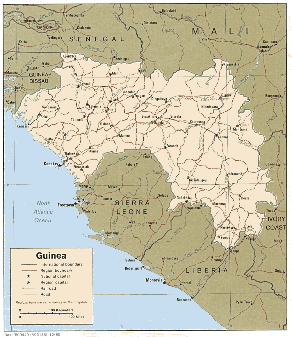 Relief map of Guinea with roads, railroads, and regional boundaries.