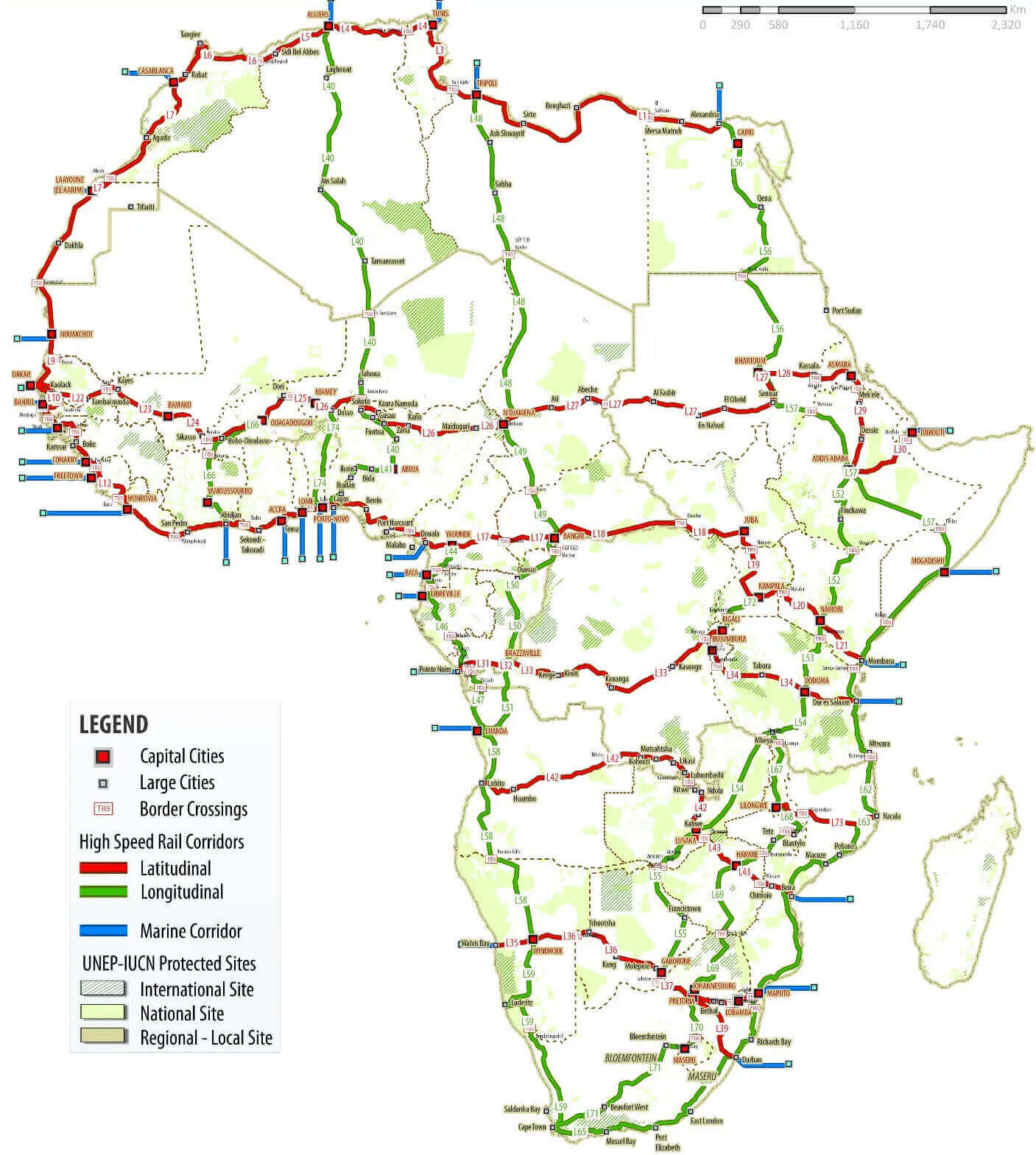 Africa map with integrated high speed rail network