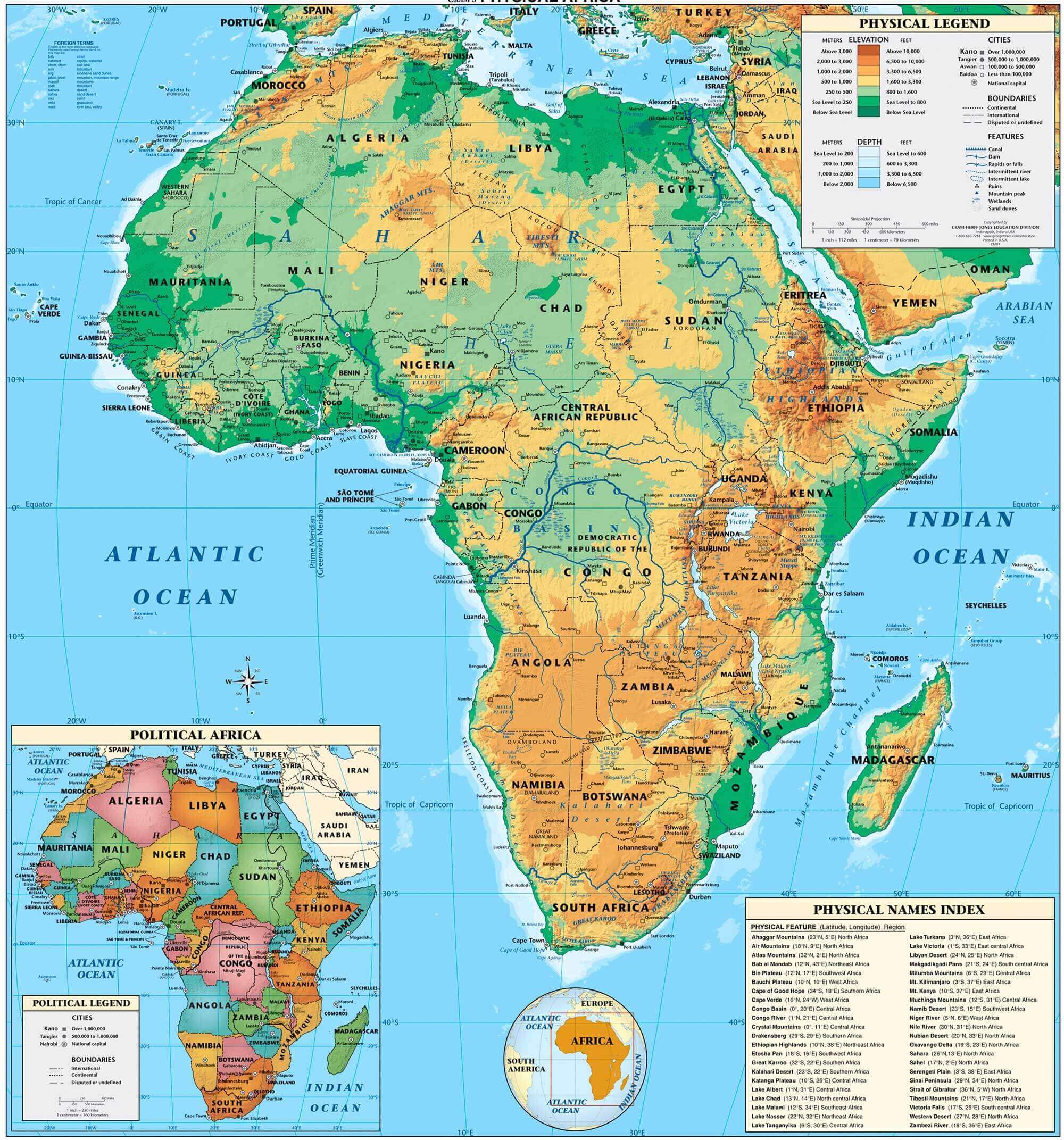 Africa physical map with countries cities