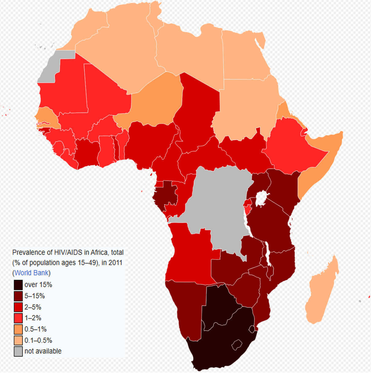 Prevalence of HIV AIDS map in Africa