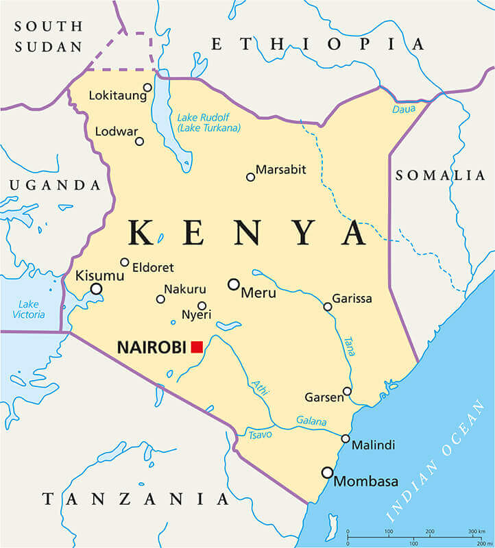 Kenya cities and rivers map