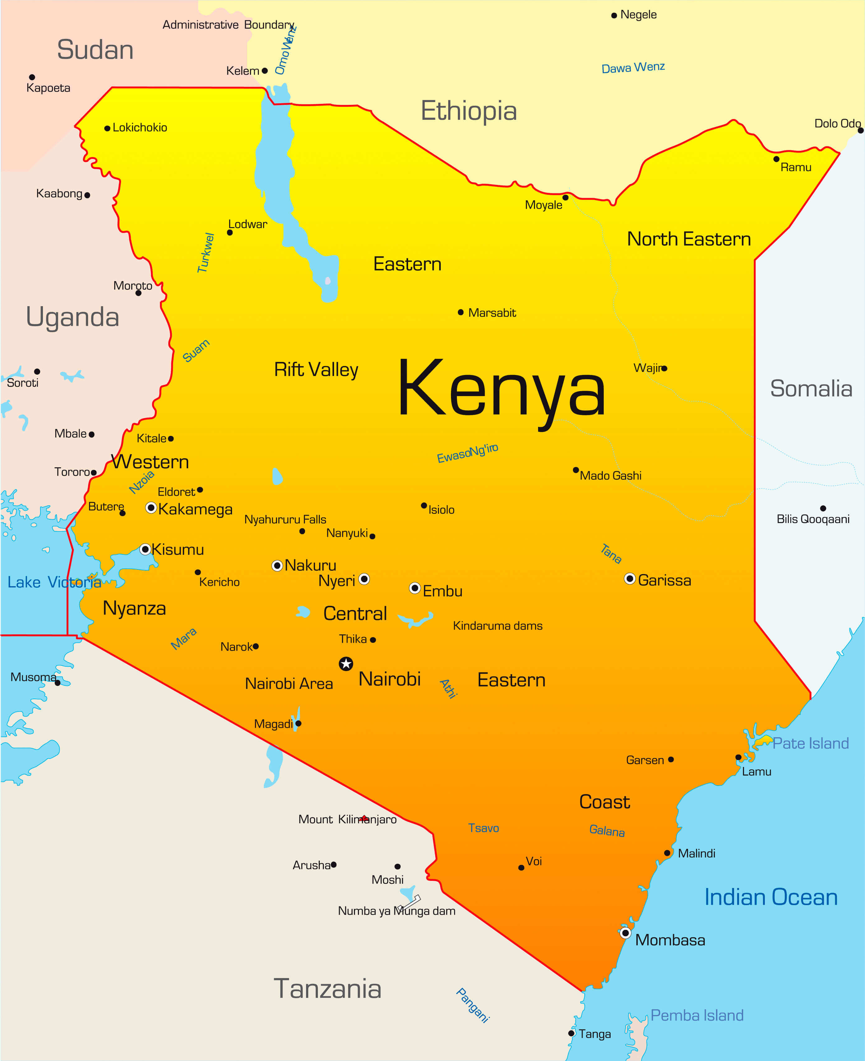 Kenya Cities Map with Regions and Major Towns