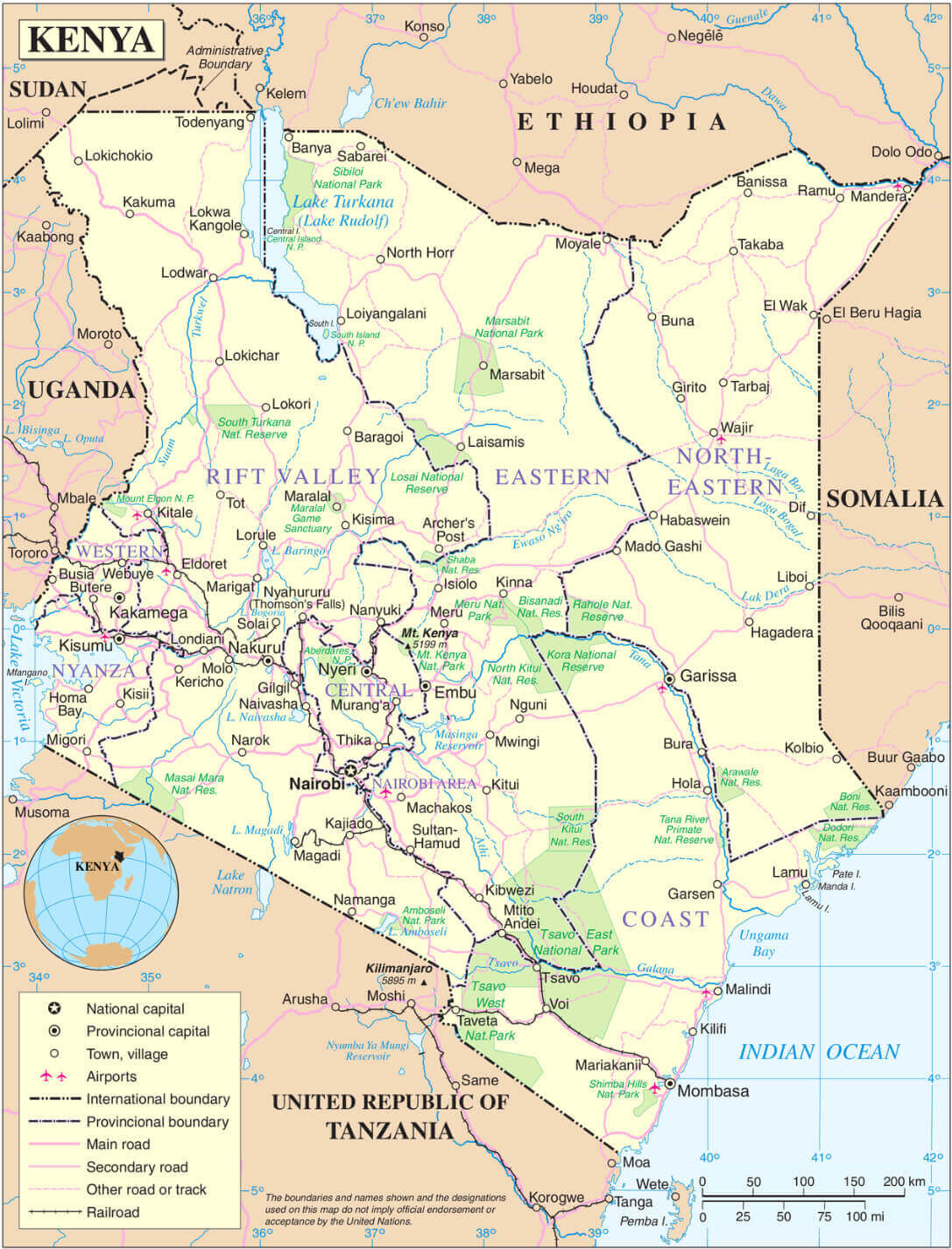 Kenya Main Roads Map with Cities and National Parks
