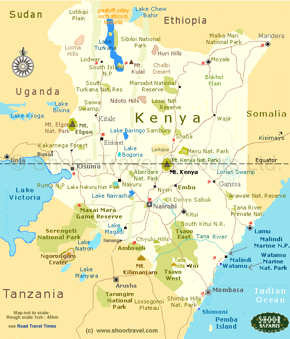 Map of Kenya showing cities, national parks, and geographic features.