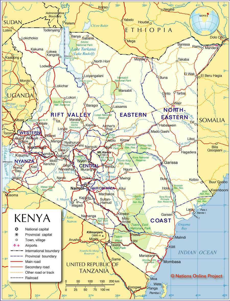 Detailed map of Kenya showing provinces, cities, roads, and borders.