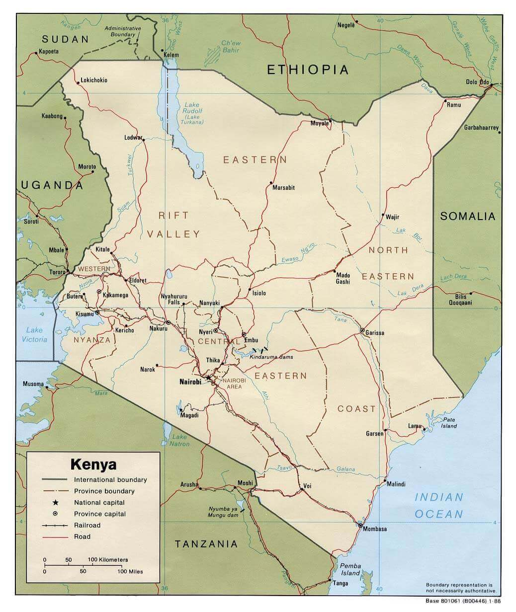 Kenya political map with main roads