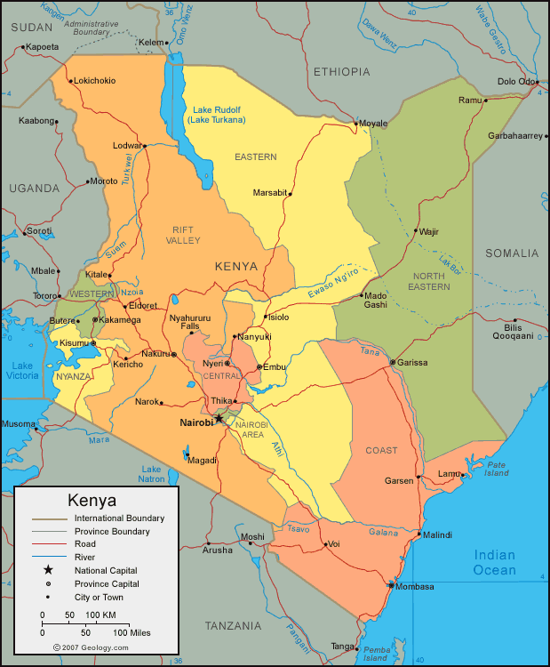 Kenya map showing provinces, cities, rivers, and international borders.