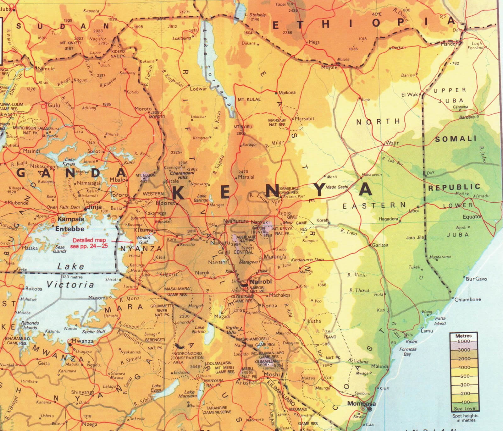 Kenya map showing elevation, regions, roads, and key cities.