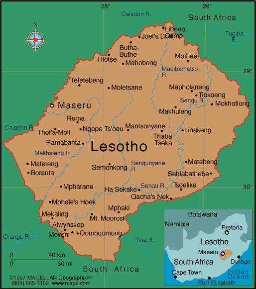 Lesotho map showing cities, rivers, and borders with South Africa.
