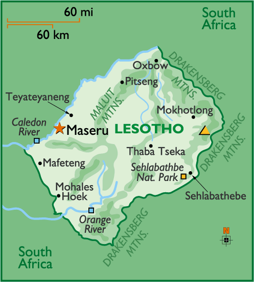 Lesotho map with cities, rivers, and mountain ranges.