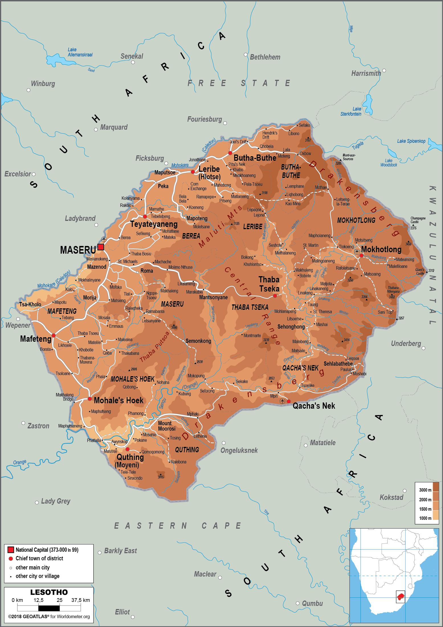 Lesotho physical map