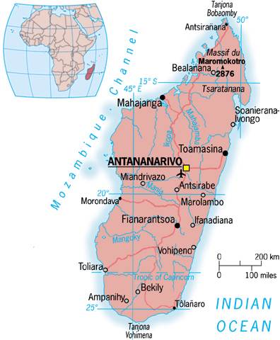 Madagascar map showing cities, rivers, and the Mozambique Channel.