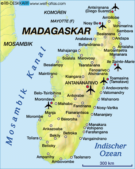 Madagascar map with cities, airports, and surrounding waters.