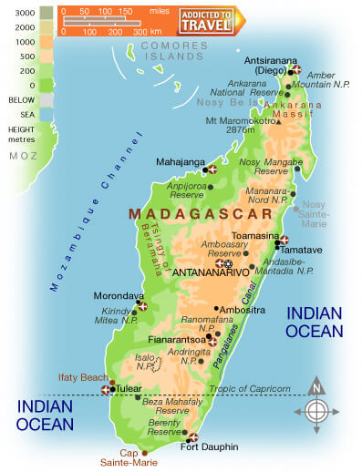 Madagascar map showing cities, national parks, and the Indian Ocean.