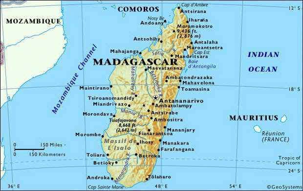 Madagascar map with elevations, cities, and surrounding islands.