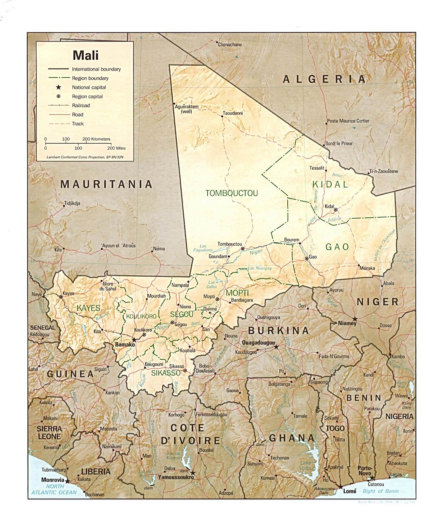 Relief map of Mali showing regions, borders, and major geographic features.