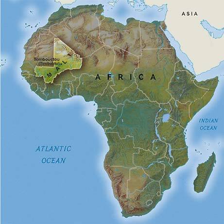 Map of Africa highlighting Mali's location and topography.