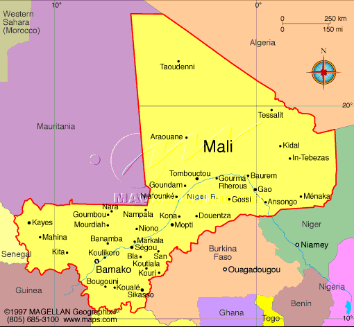 Political map of Mali showing major cities, regions, and neighboring countries.