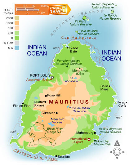Map of Mauritius showing natural reserves, cities, and topography.