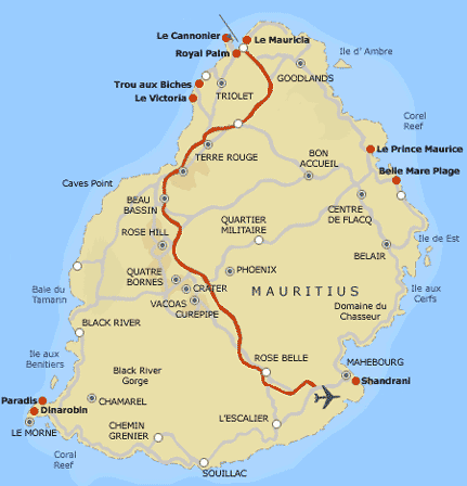 Map of Mauritius highlighting tourist resorts, cities, and main roads.