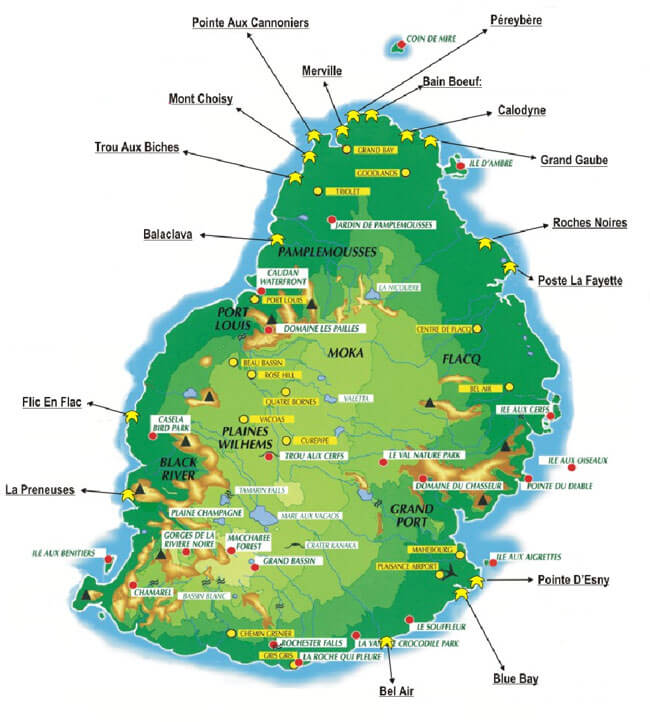 Map of Mauritius showing tourist resorts, natural parks, and key sites.