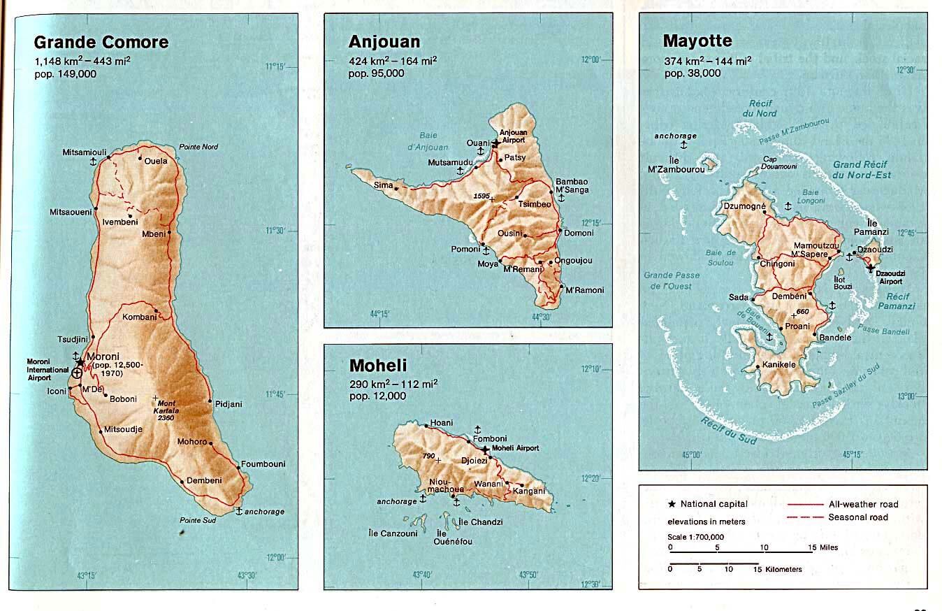 Maps of Mayotte, Grande Comore, Anjouan, and Moheli with elevations and roads.