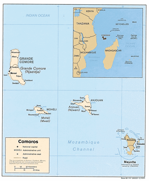 Map showing Mayotte and the Comoros Islands in the Mozambique Channel.