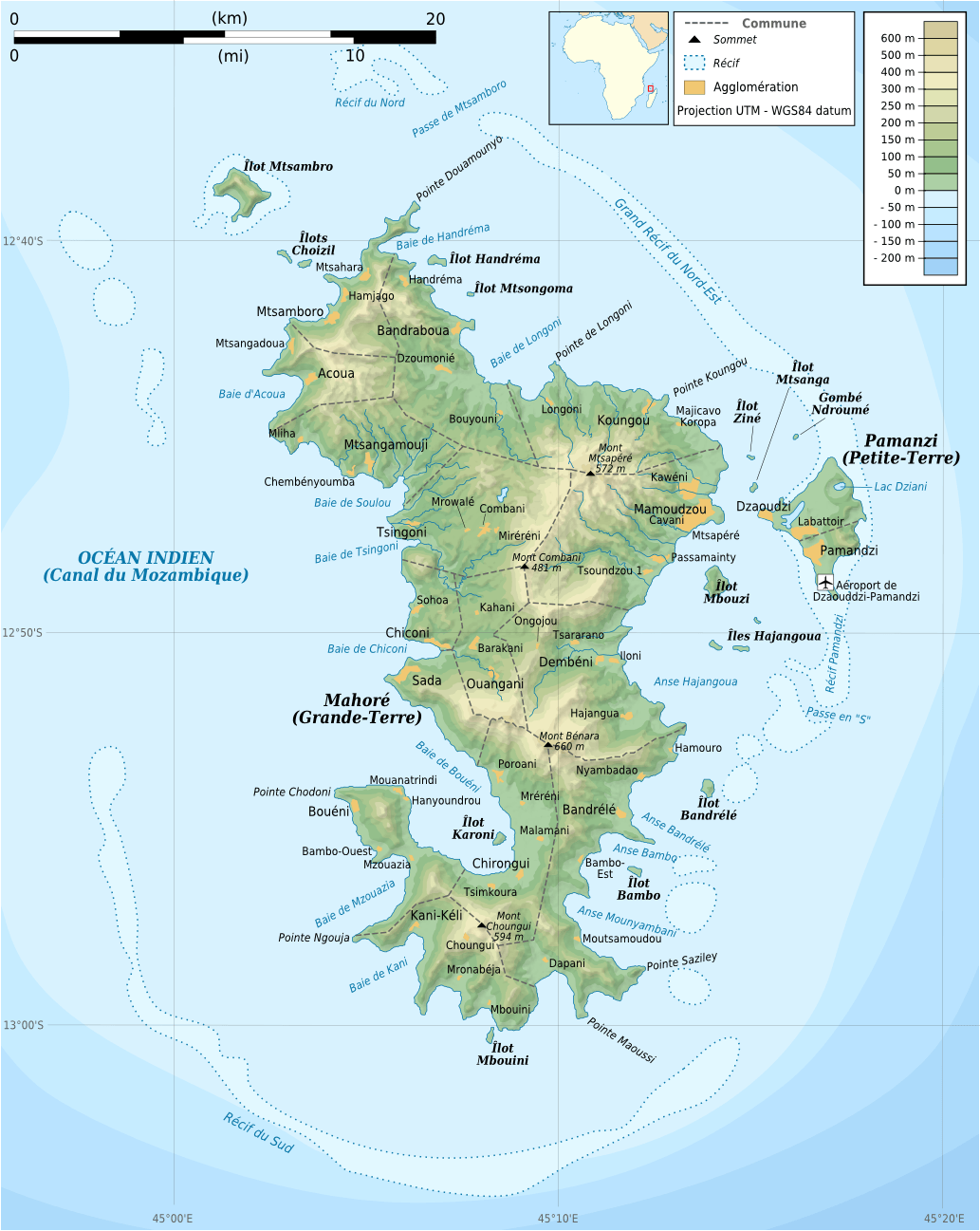 Detailed topographic map of Mayotte with elevations and key locations
