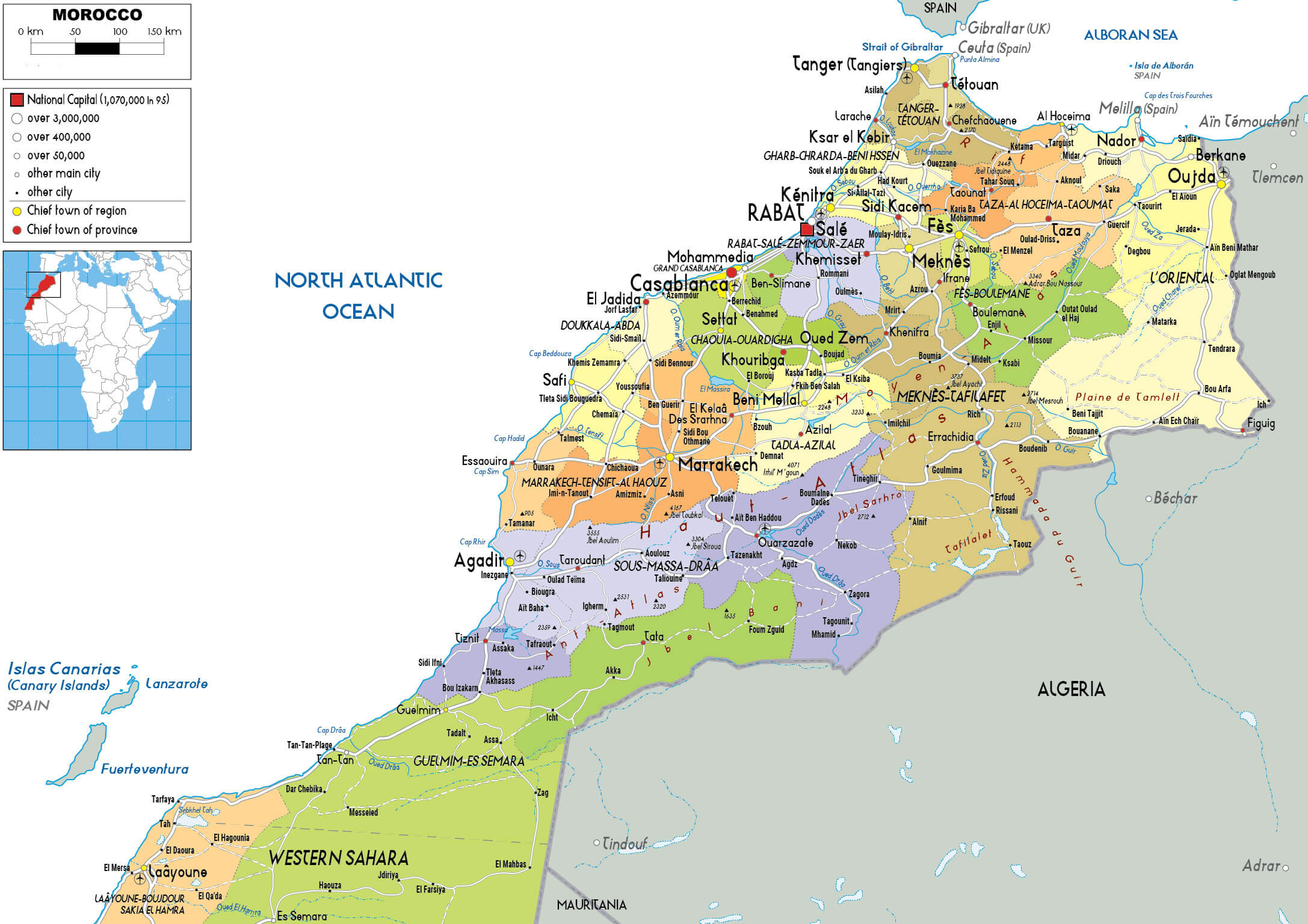 Map of Morocco showing major cities, provinces, and neighboring regions.