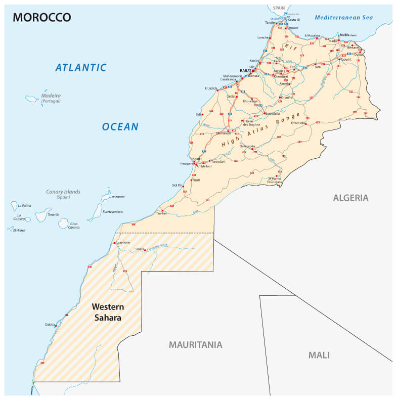 Morocco cities map with Western Sahara