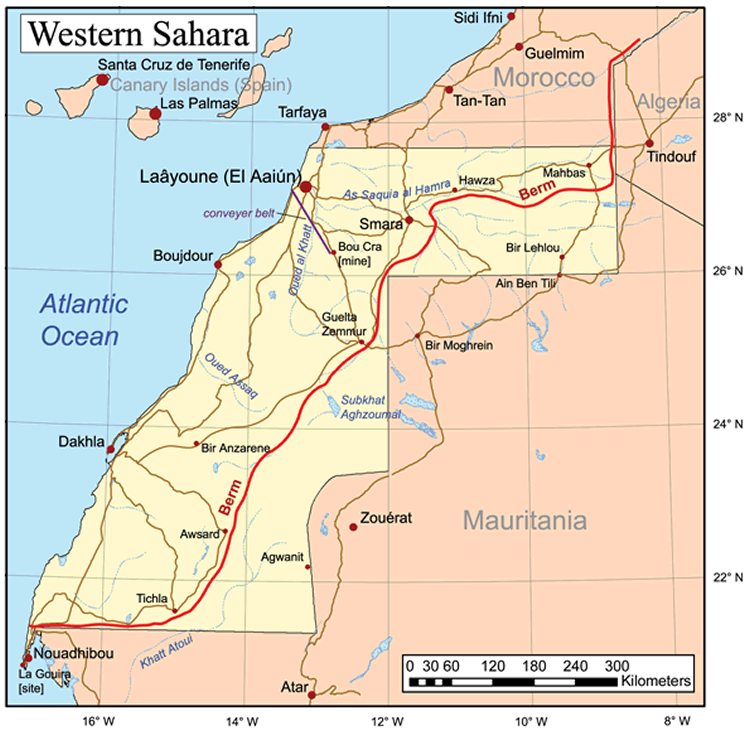 Map of Western Sahara showing major towns, Berm, and regional borders.