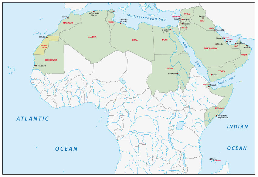 Morocco map with north Africa and middle east