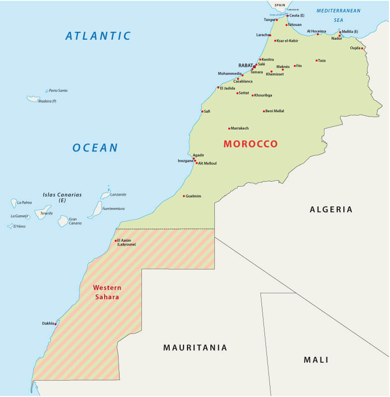 Morocco map with Western Sahara