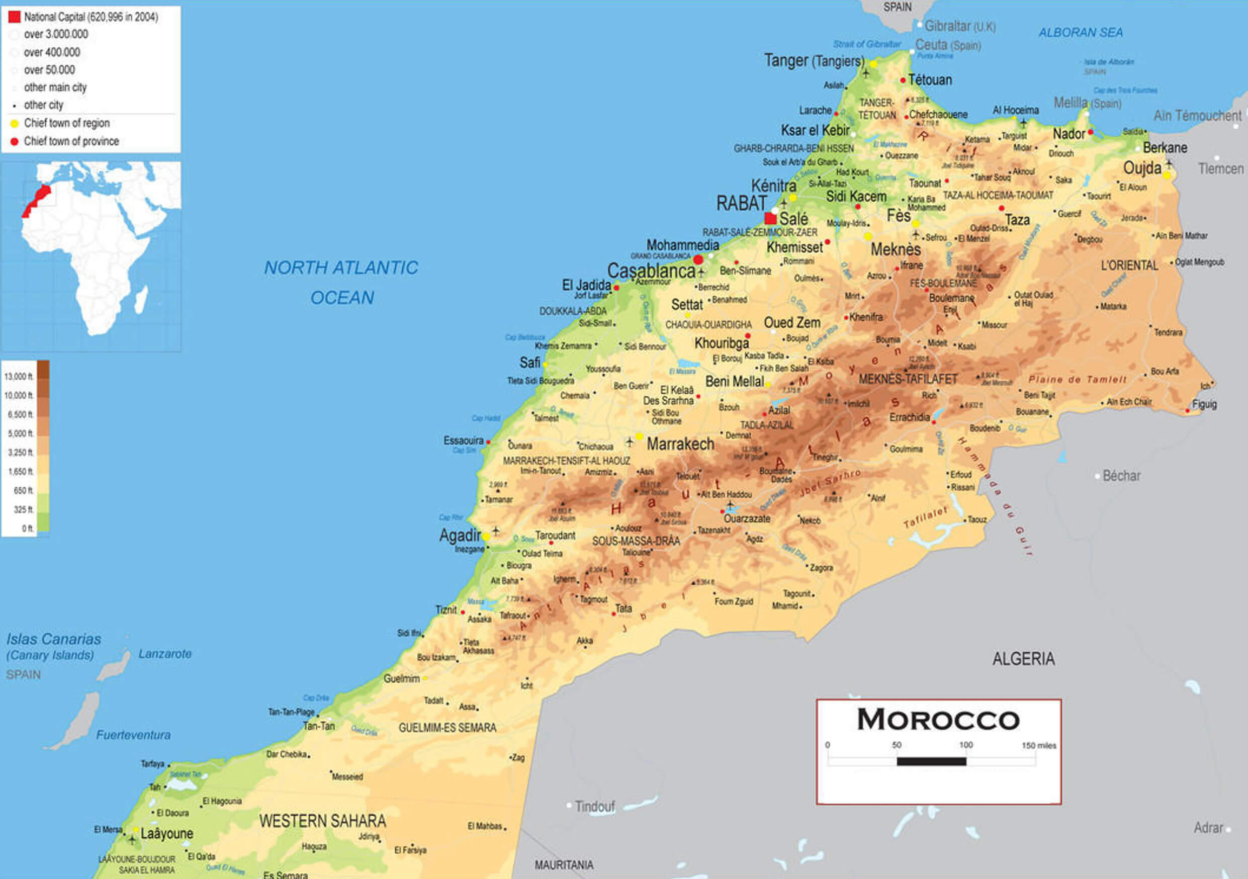 Morocco Physical Map with Cities
