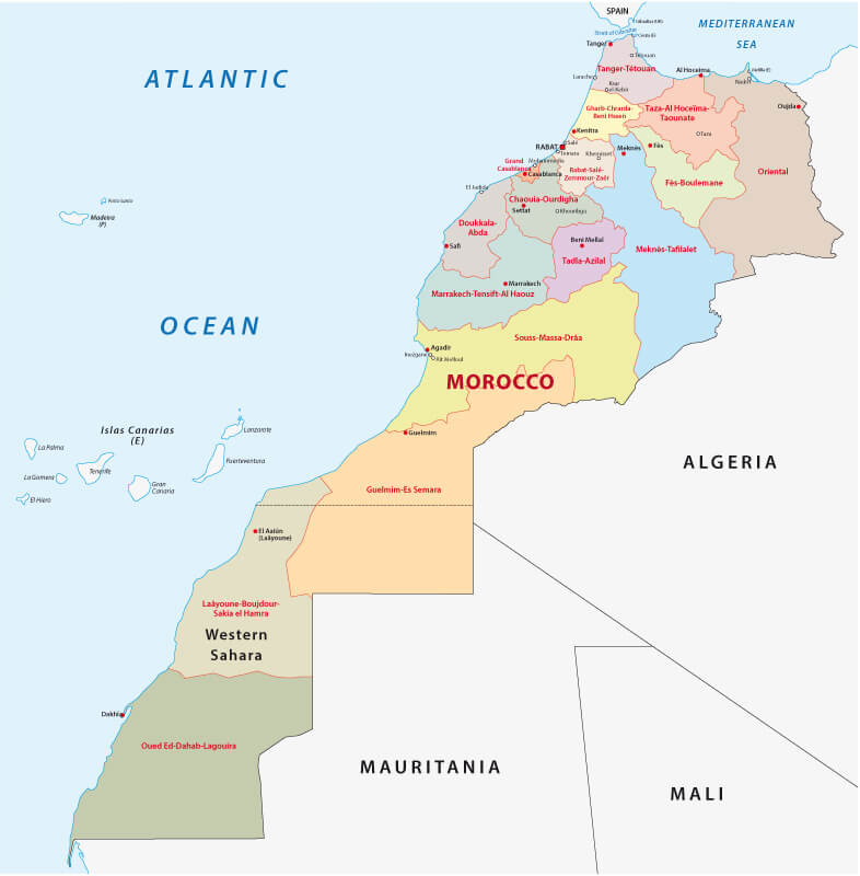 Morocco regions map with Western Sahara