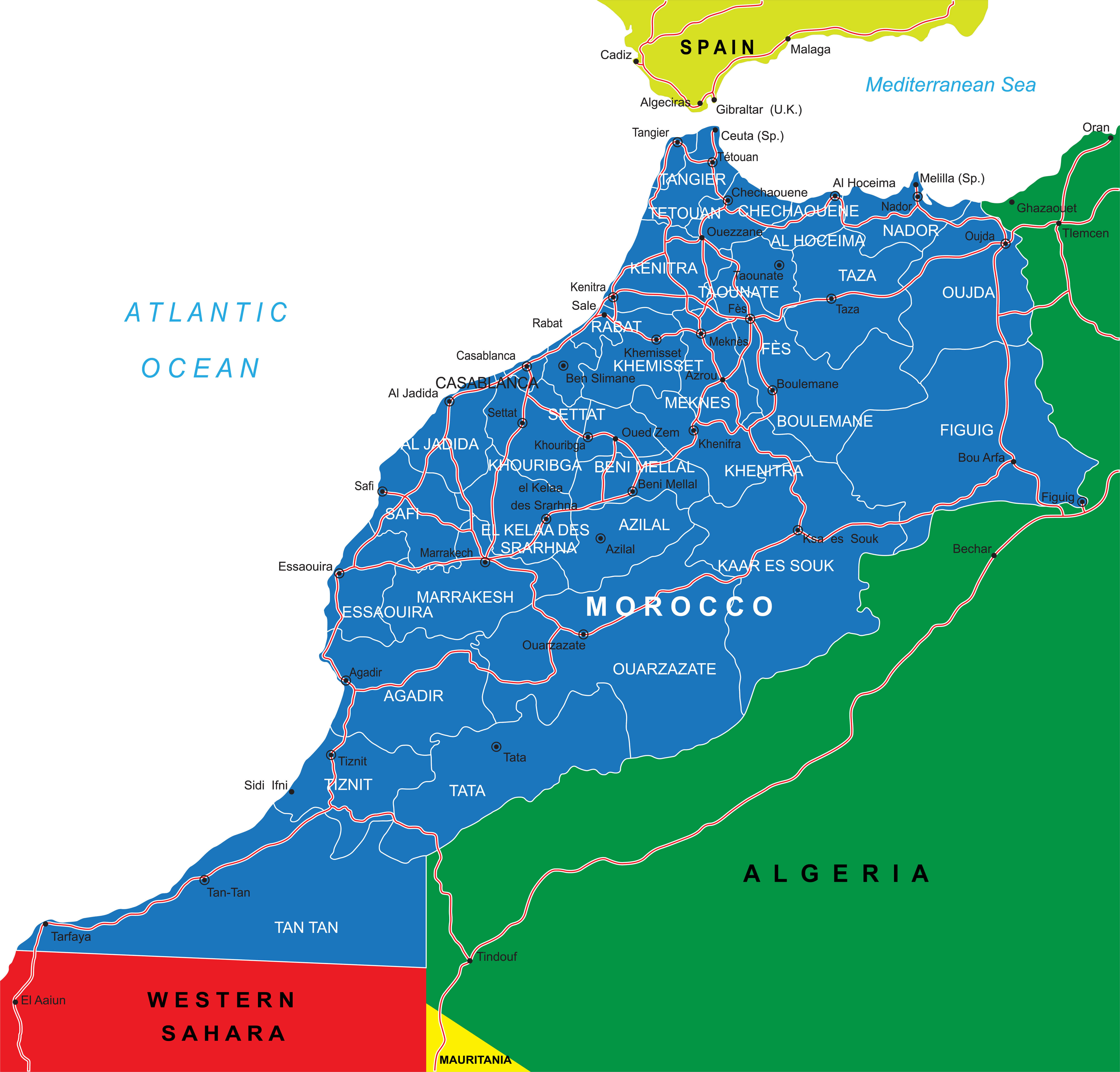 Morocco Road Map with Cities and Highways