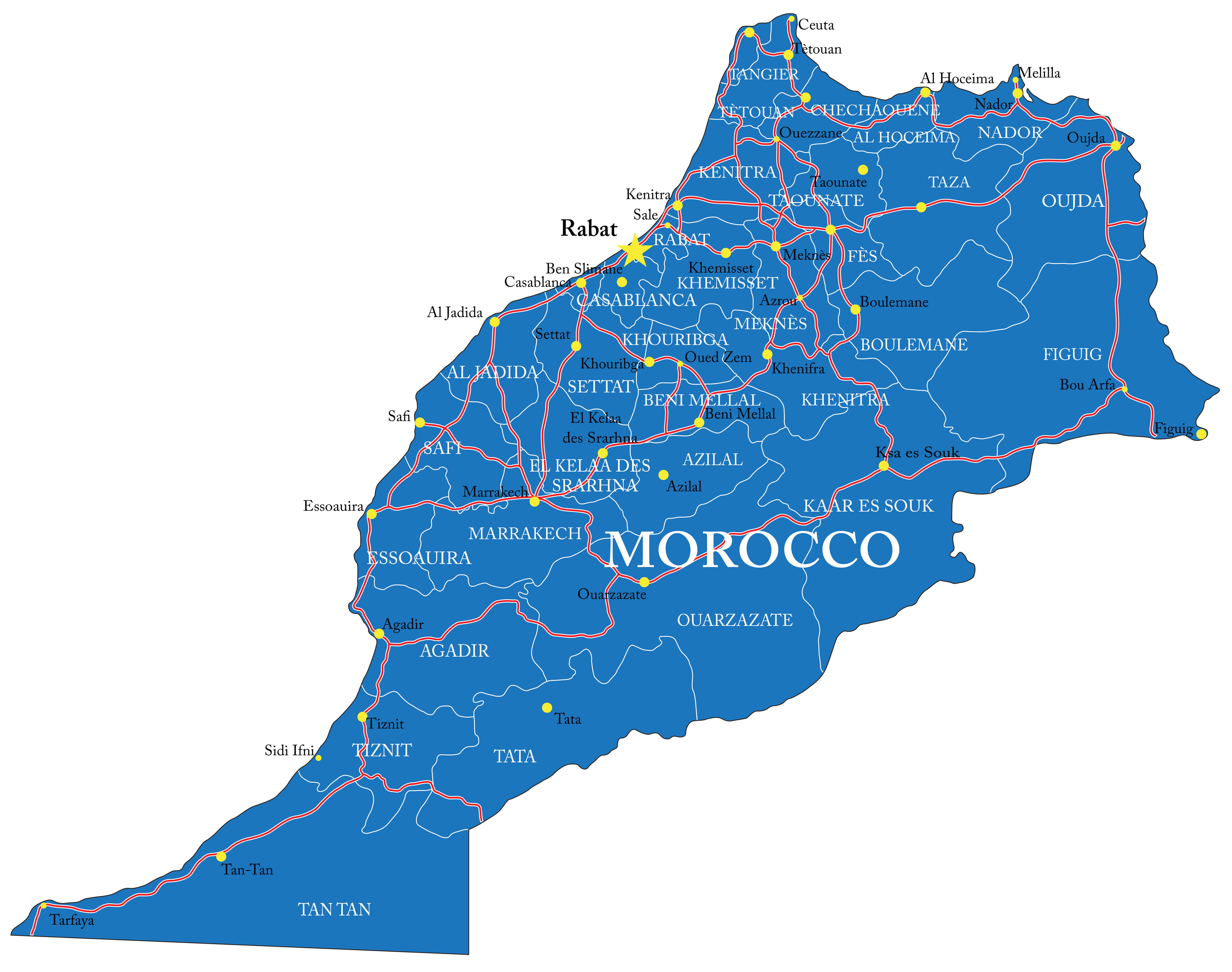 Road map of Morocco with cities