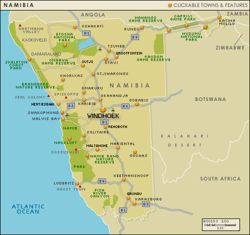 Namibia map showing Windhoek, national parks, game reserves, and major towns.