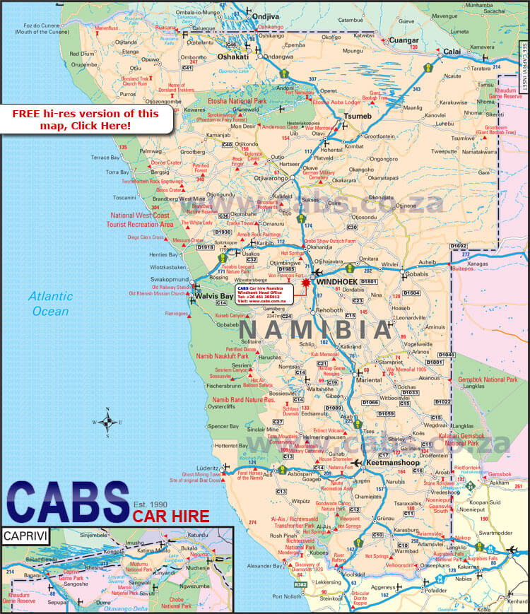 Namibia map showing major cities, roads, national parks, and key tourist destinations, including Windhoek, Swakopmund, and Etosha National Park.